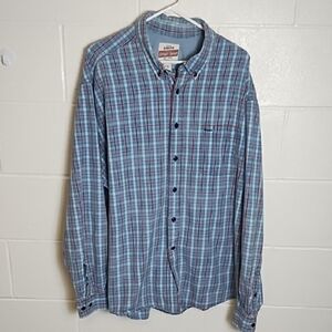 Eddie Bauer Sports Shop Men's Blue Plaid Work Shirt Pocket Cotton